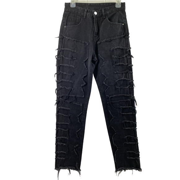 Womens Stacked Jeans Womens Size 30 Black Denim Frayed Ripped Raw Hem High‎ Rise - Picture 1 of 10